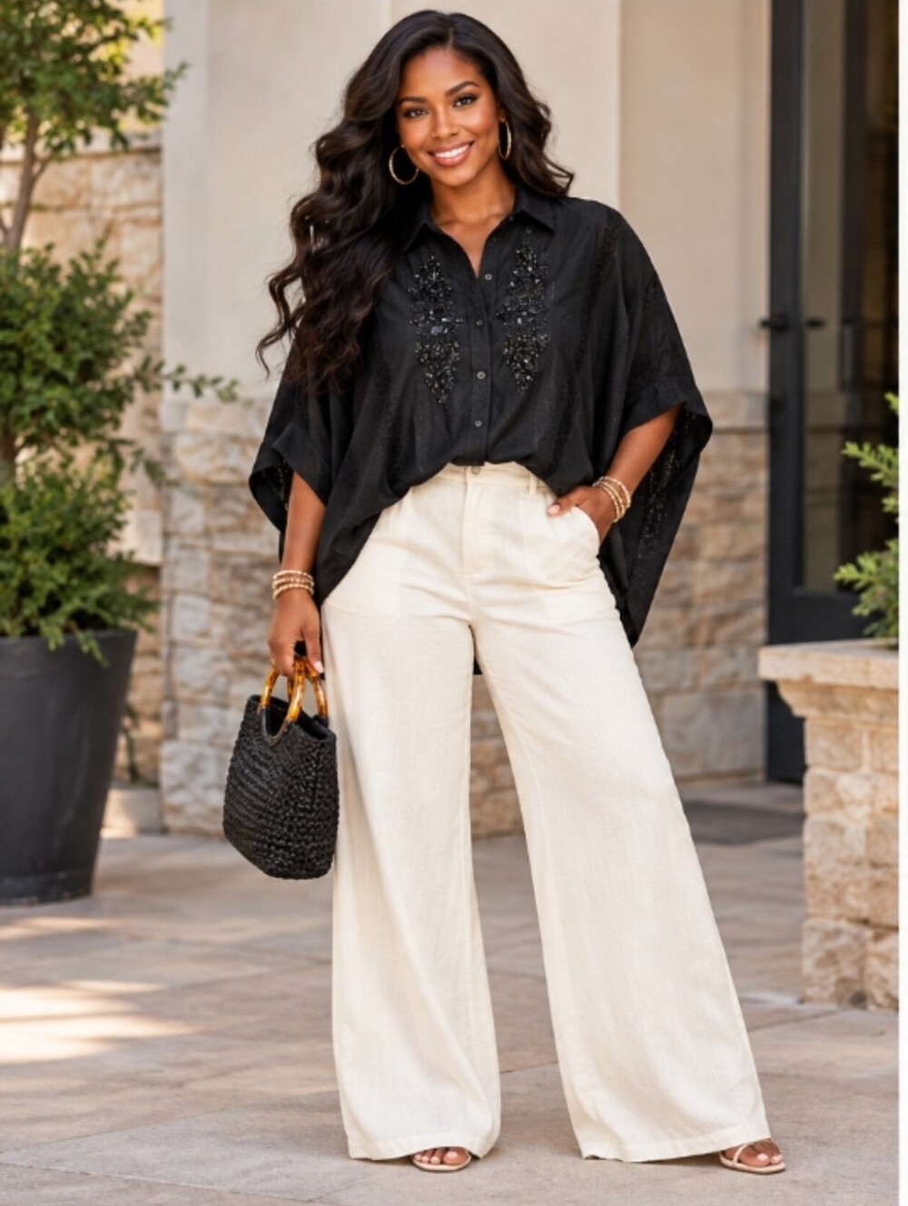 NEW!! POL Embellished Black Button-Down Blouse, NWT